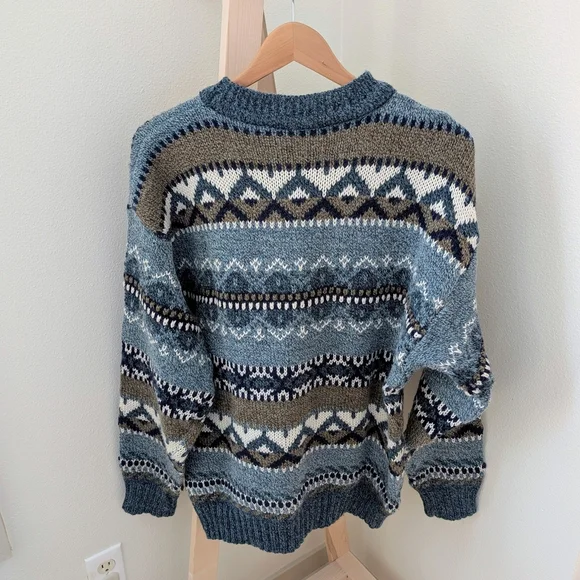Vintage Abstract Geometric Chunky Textured Crewneck Sweater In Sky Blue/Tan - Picture 7 of 8
